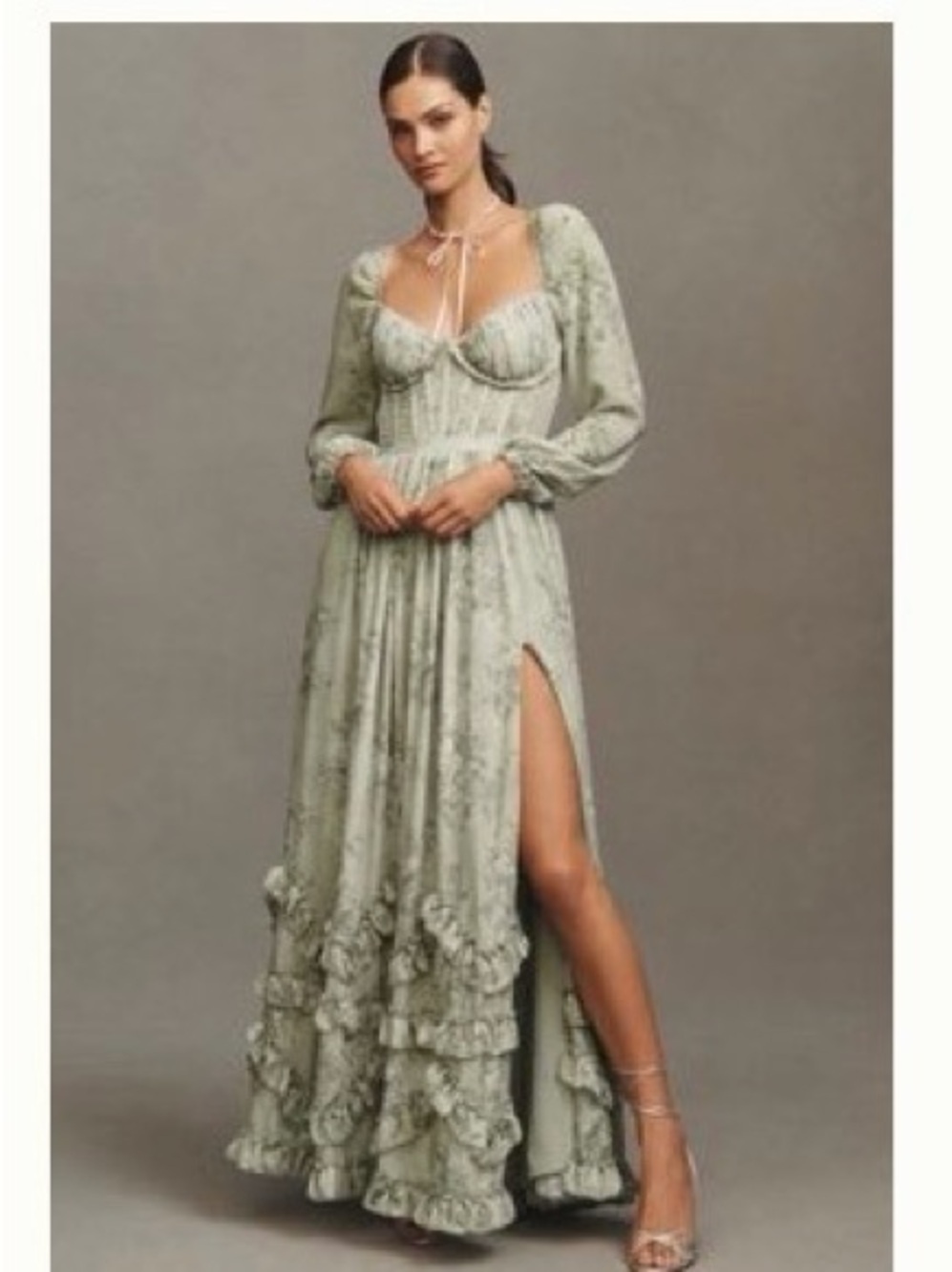 V. Chapman Carmella Long-Sleeve Corset Sage Green Side-Slit Chiffon Maxi Dress